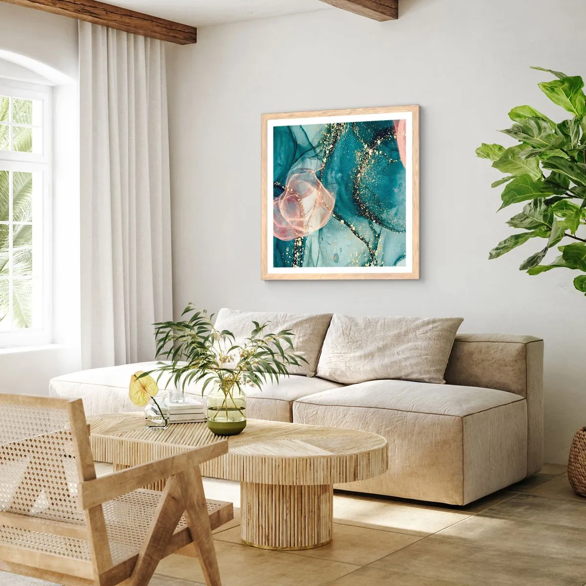 Affiche dans un chêne clair - Poster - Soie bleu, tulle rose - 40x40 cm