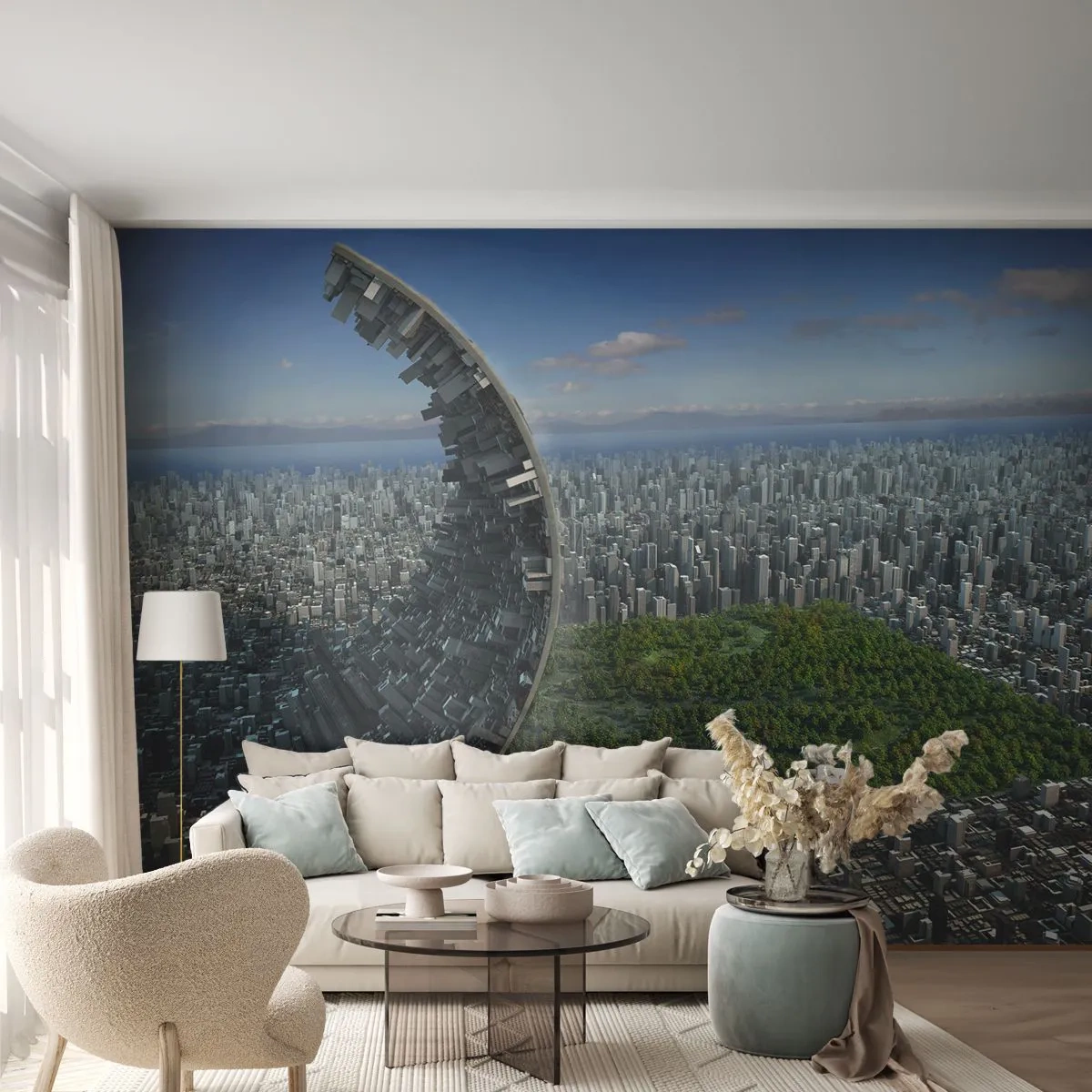 Papier Peint Photo Premium Sand - Une vision futuriste d'une ville avec une oasis verte - 100x70cm - La nature est éternelle - Décoration murale moderne pour le salon et la chambre ARTTOR