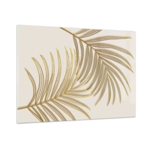 Impression sur verre - Image sur verre - Feuilles de palmier dorées sur fond clair - 100x70cm - Palme d'or! - Décoration murale moderne pour le salon et la chambre ARTTOR
