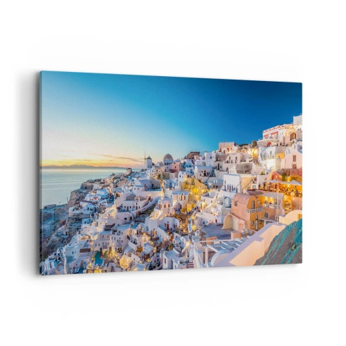 Impression sur toile - Image sur toile - Vue d'une ville grecque au coucher du soleil - 120x80cm - L'essence de la grecque - Décoration murale moderne pour le salon et la chambre ARTTOR