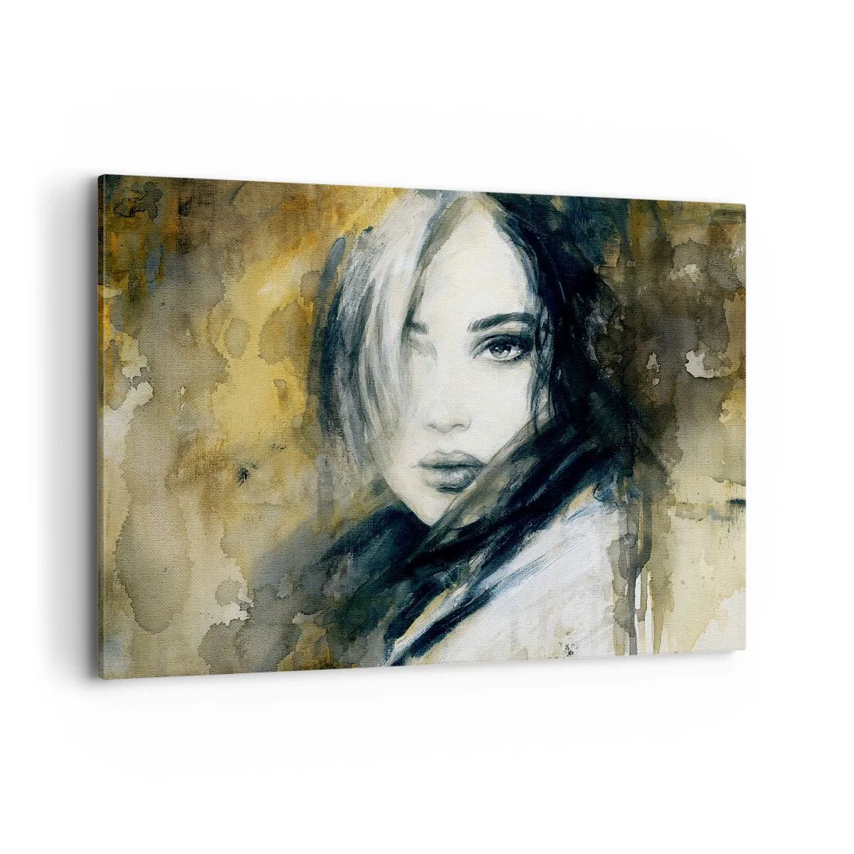 Impression sur toile - Image sur toile - Portrait d'une femme sur fond de taches abstraites dans les tons beiges - 120x80cm - plutôt innocente ou sensuelle ? - Décoration murale moderne pour le salon et la chambre ARTTOR