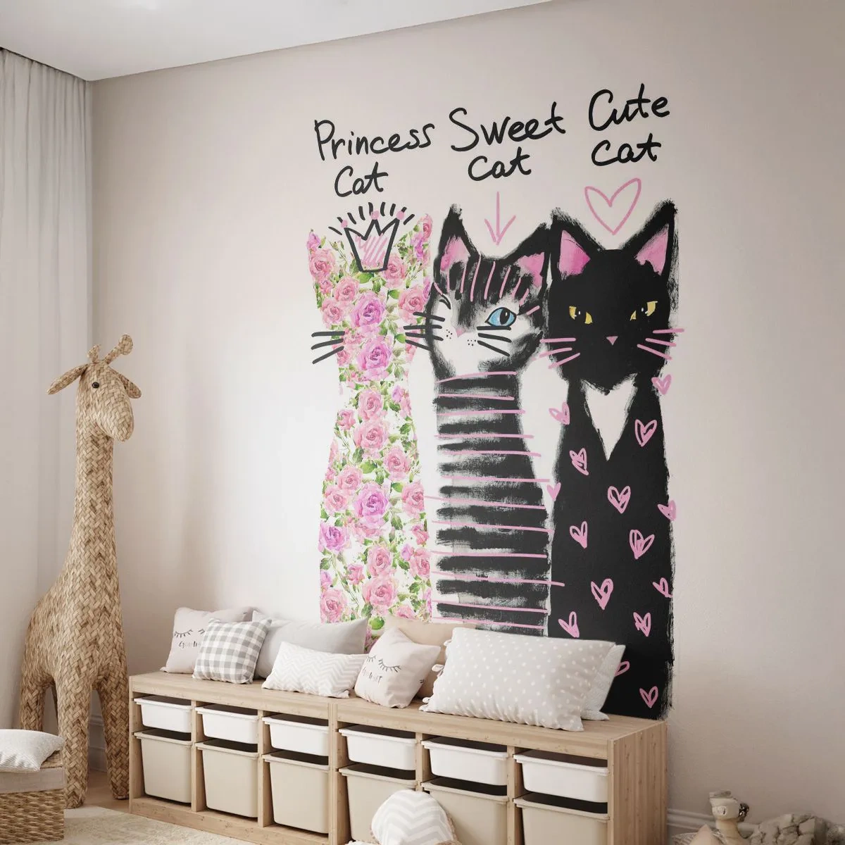 Papier Peint Photo Premium Sand - Trois chats stylisés avec des motifs sur fond blanc - 100x70cm - Il y avait trois chats - Décoration murale moderne pour le salon et la chambre ARTTOR