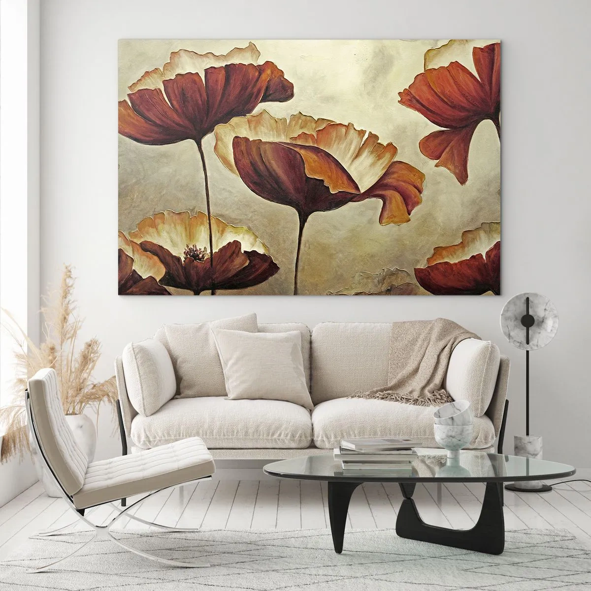 Impression sur verre - Image sur verre - Fleurs de pavot dans les tons de rouge et d'or sur fond clair - 70x50cm - À la lisière des champs - Décoration murale moderne pour le salon et la chambre ARTTOR