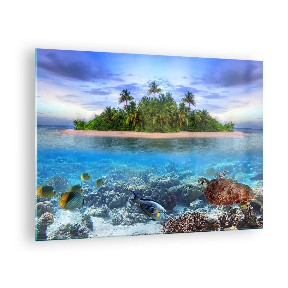 Impression sur verre - Image sur verre - Une île tropicale avec un récif corallien et une vie marine - 70x50cm - L'île céleste vous invite - Décoration murale moderne pour le salon et la chambre ARTTOR