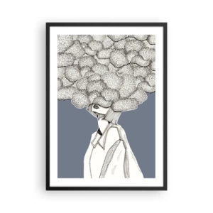 Affiche dans un cadre noir - Poster - Une figure avec un nuage au lieu d'une tête, stylisée dans des tons de gris. - 50x70cm - La tête dans les nuages - Décoration murale moderne pour le salon et la chambre ARTTOR