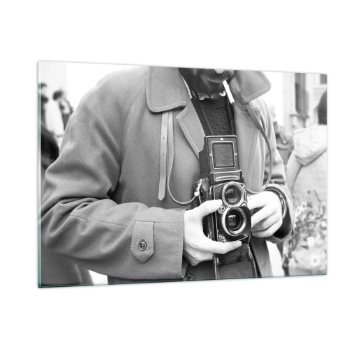 Impression sur verre - Image sur verre - Photo en noir et blanc d'un homme avec un appareil photo analogique - 120x80cm - Dans un style rétro - Décoration murale moderne pour le salon et la chambre ARTTOR