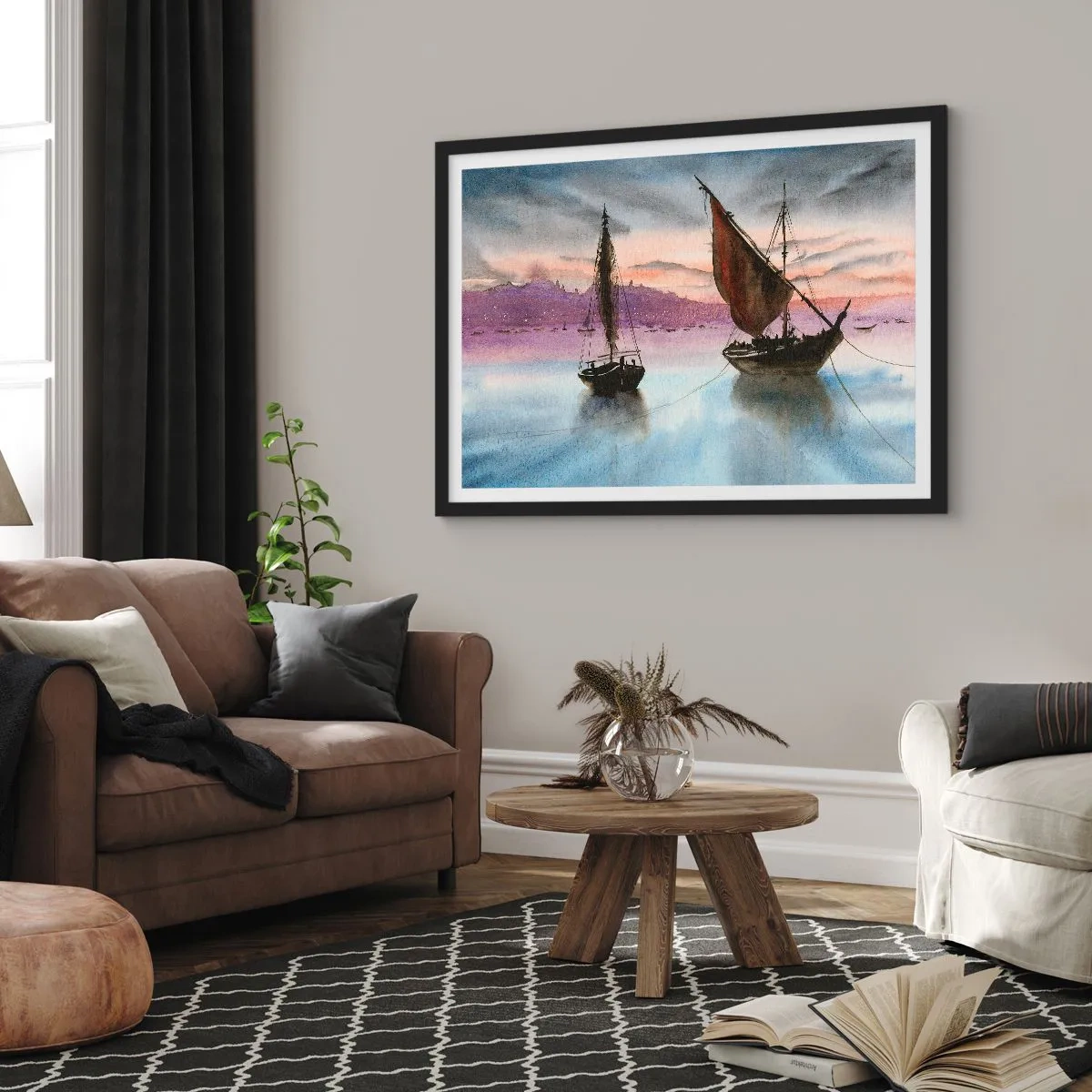 Affiche dans un cadre noir - Poster - Soirée au port - 40x30 cm