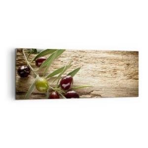 Impression sur toile - Image sur toile - Branche d'olivier avec des fruits sur un fond de bois vieilli - 140x50cm - Directement de la nature - Décoration murale moderne pour le salon et la chambre ARTTOR