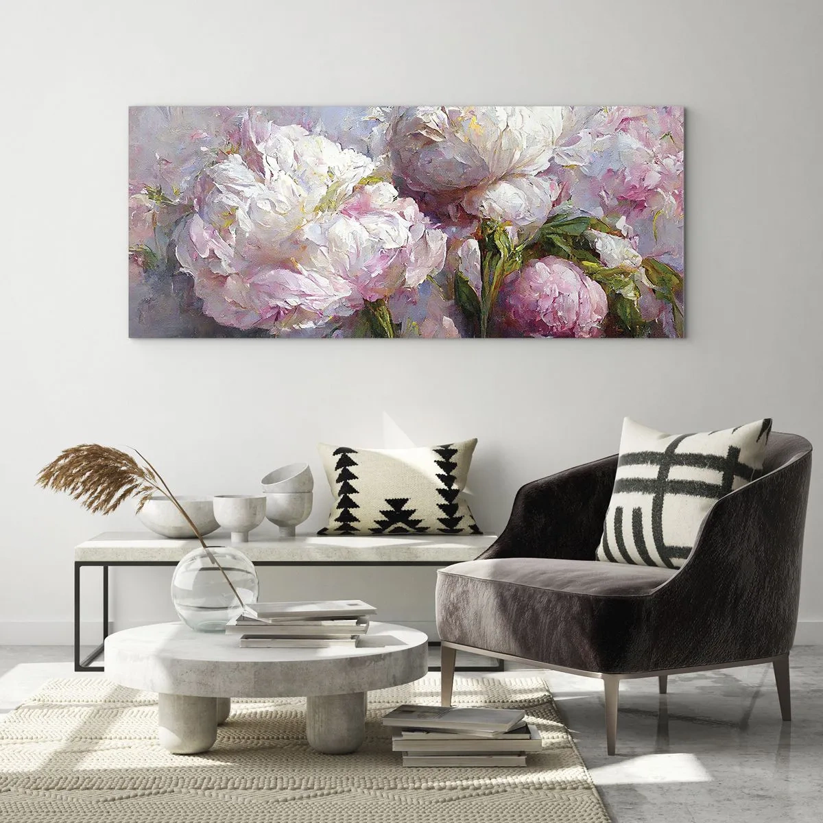 Impression sur verre - Image sur verre - Fleurs de pivoine romantiques aux couleurs pastel - 160x50cm - Un bouquet plein de vie - Décoration murale moderne pour le salon et la chambre ARTTOR