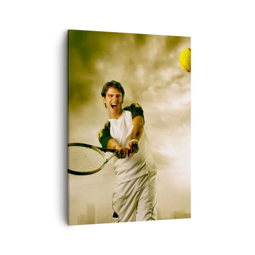 Impression sur toile - Image sur toile - Joueur de tennis en action lors d'un match avec en toile de fond un paysage urbain - 50x70cm - Énergie et joie - Décoration murale moderne pour le salon et la chambre ARTTOR