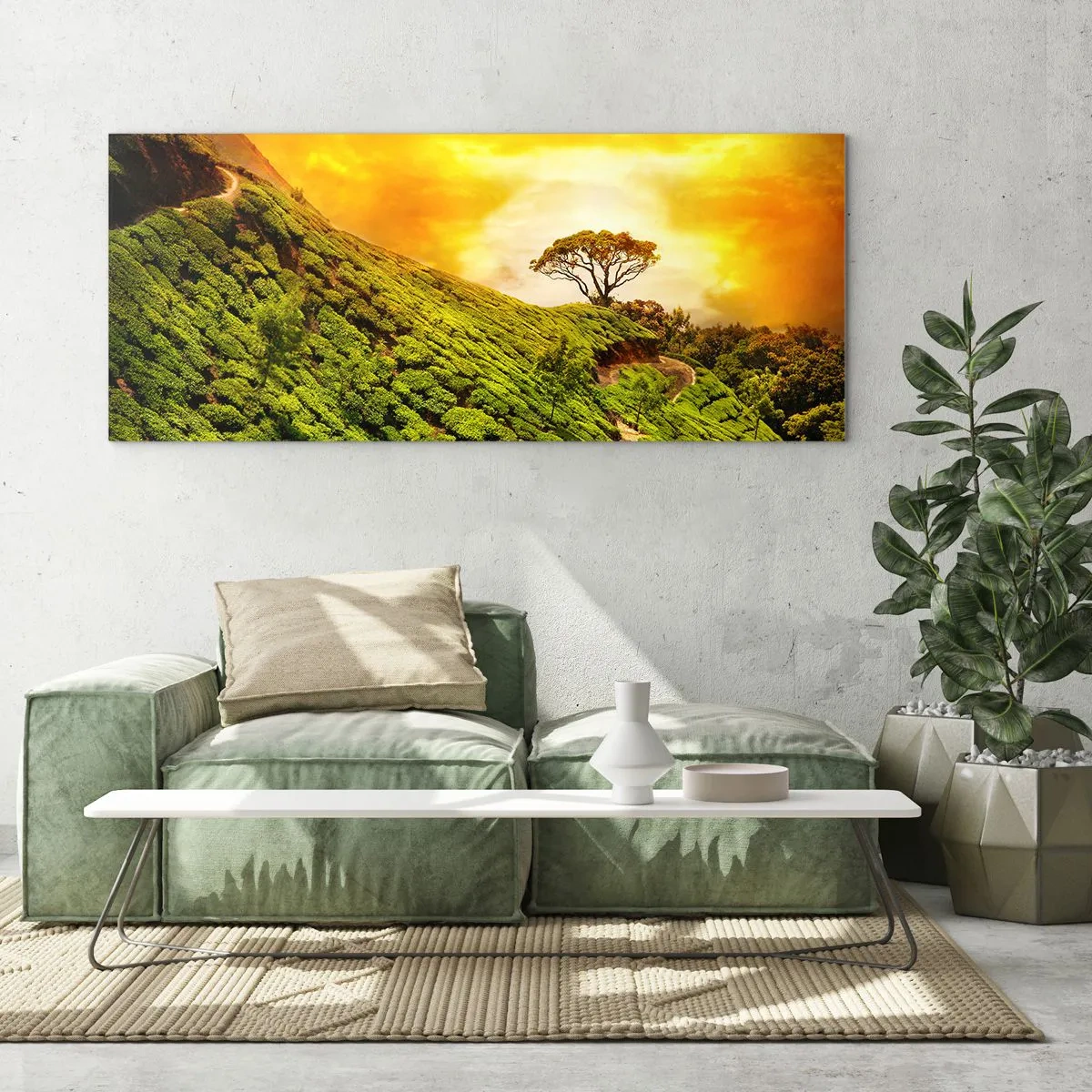 Impression sur verre - Image sur verre - Collines verdoyantes de plantations de thé au coucher du soleil - 160x50cm - Un chemin sinueux, une pente verte - Décoration murale moderne pour le salon et la chambre ARTTOR