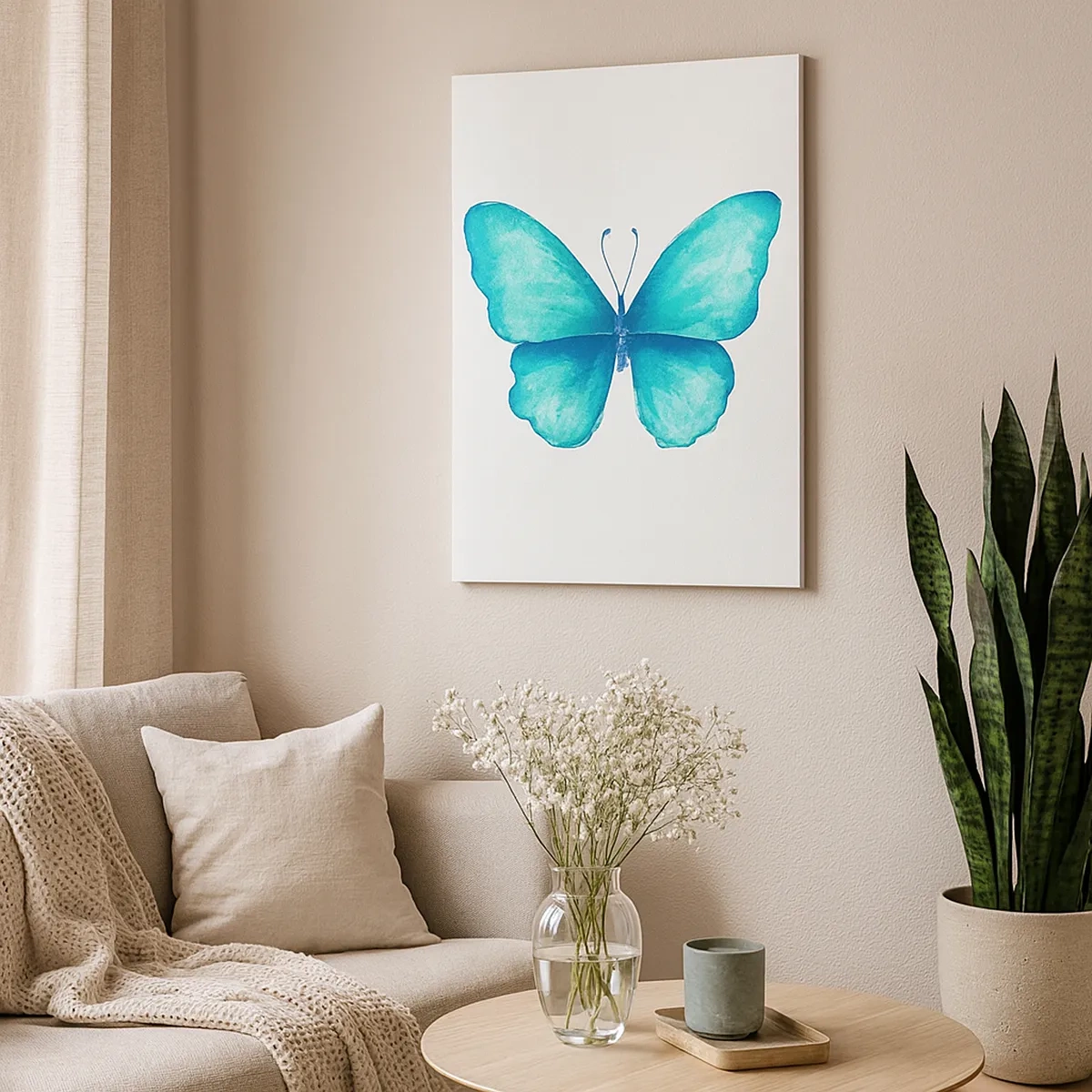 Impression sur toile - Image sur toile - Papillon bleu en style aquarelle sur fond blanc - 50x70cm - Nature turquoise - Décoration murale moderne pour le salon et la chambre ARTTOR