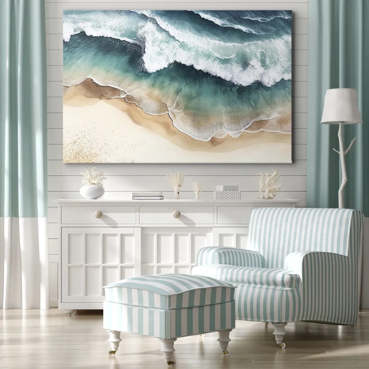 Impression sur toile - Image sur toile - Vue sur la plage et les vagues de la mer dans des tons turquoise - 100x70cm - La rencontre éternelle - Décoration murale moderne pour le salon et la chambre ARTTOR