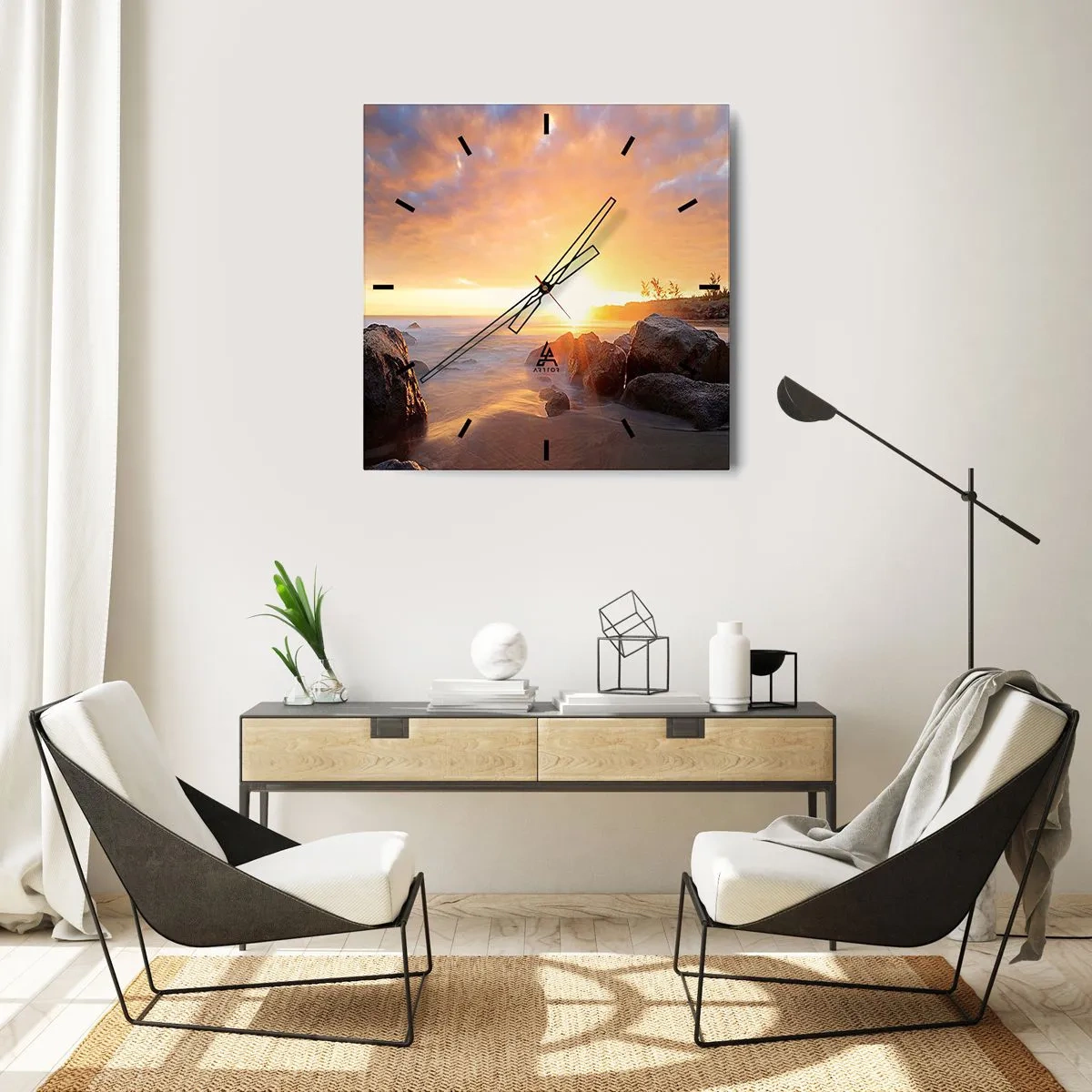Horloge murale - Pendule murale - Coucher de soleil sur la côte rocheuse - 30x30cm - Brise lumineuse du soir - Décoration murale moderne pour le salon et la chambre ARTTOR