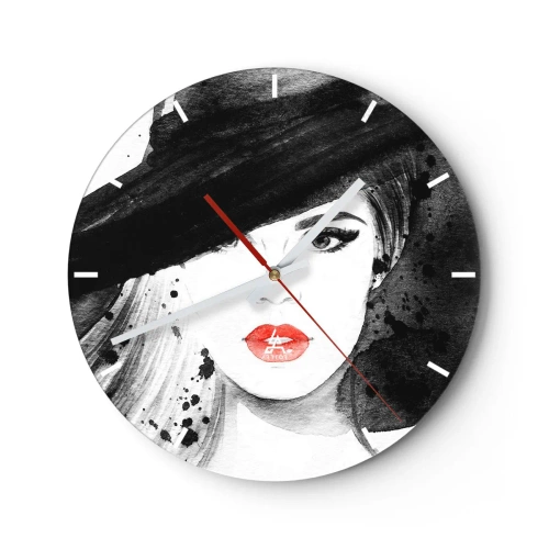 Horloge murale - Pendule murale - Femme élégante avec un chapeau et des lèvres rouges - 30x30cm - Dame en noir - Décoration murale moderne pour le salon, la cuisine et la chambre ARTTOR