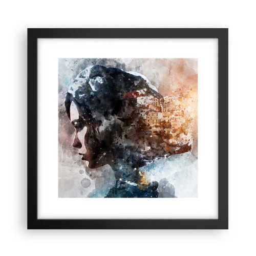 Affiche dans un cadre noir - Poster - L'histoire d'une fille avec une ville en arrière-plan - 30x30 cm