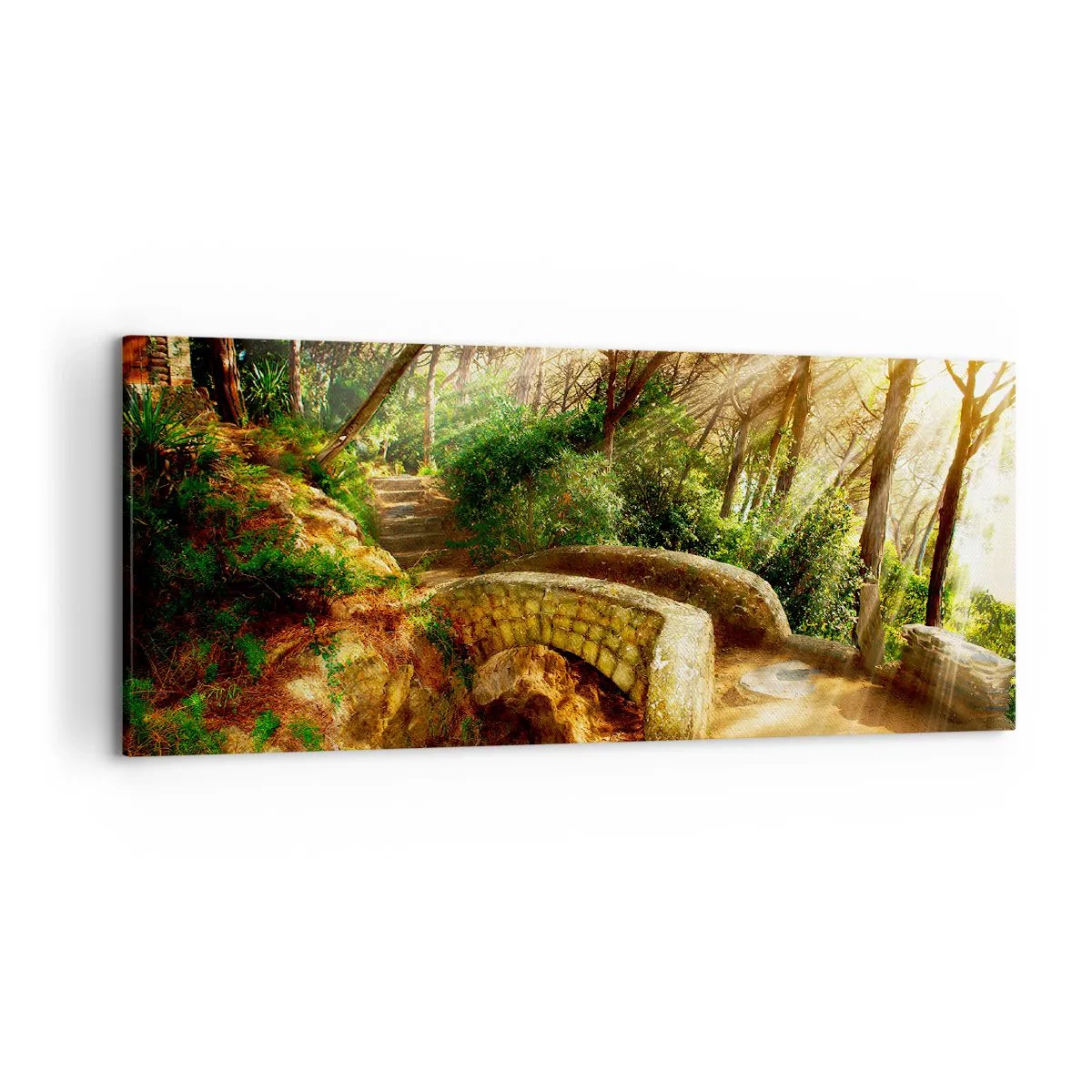 Impression sur toile - Image sur toile - Paysage forestier avec des rayons de soleil et un pont de pierre - 120x50cm - Directement du pont dans une forêt de conte de fées - Décoration murale moderne pour le salon et la chambre ARTTOR