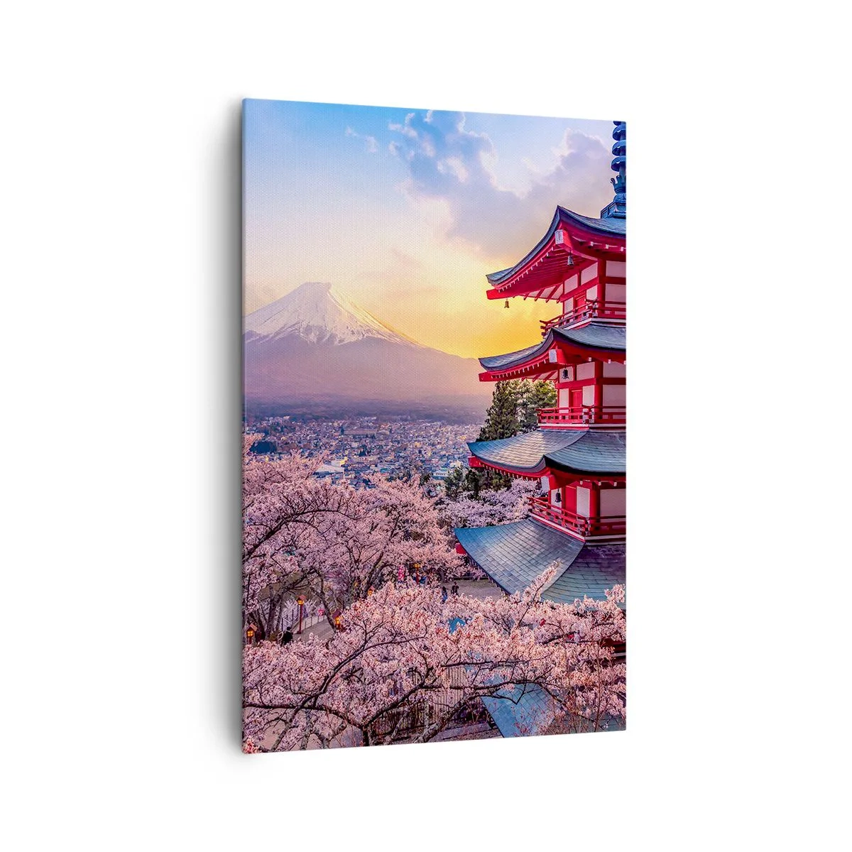 Impression sur toile - Image sur toile - Une pagode au Japon avec des cerisiers en fleurs et le mont Fuji - 80x120cm - Essence d'âme japonnaise - Décoration murale moderne pour le salon et la chambre ARTTOR