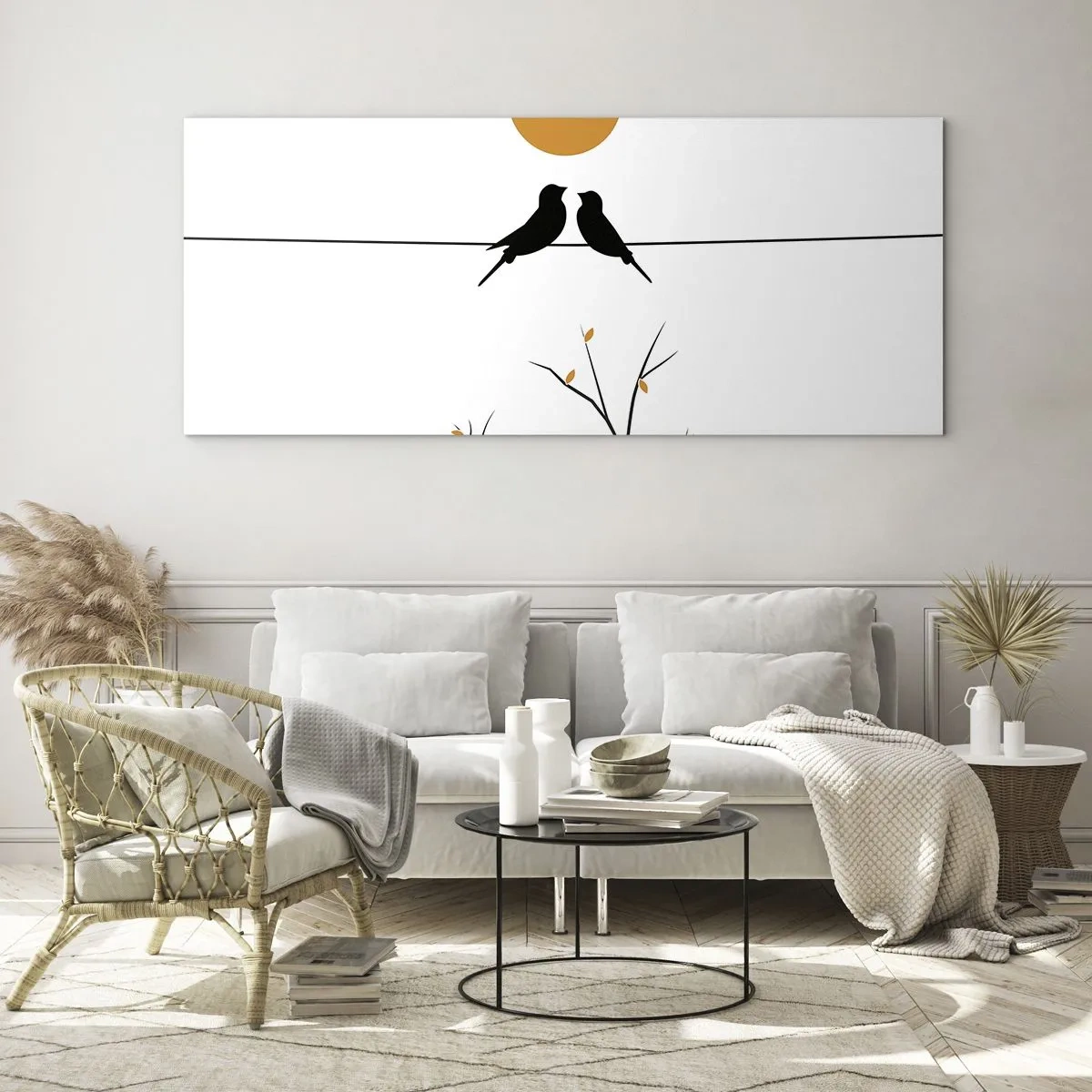 Impression sur verre - Image sur verre - Oiseaux sur une ligne avec un soleil jaune - 160x50cm - Soirée pour rossignols - Décoration murale moderne pour le salon et la chambre ARTTOR