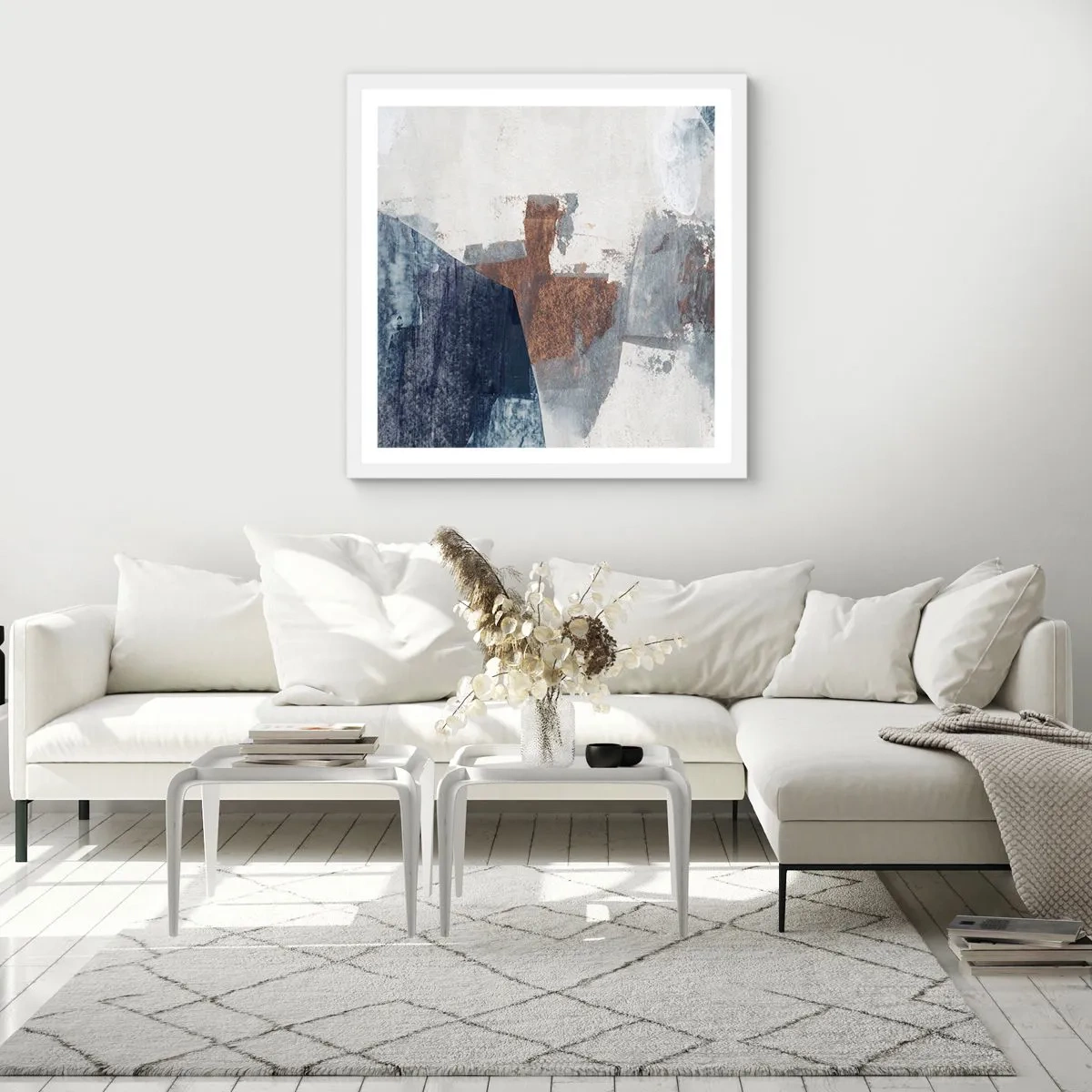 Affiche dans un cadre blanc - Poster - Formes bleues et brunes - 40x40 cm