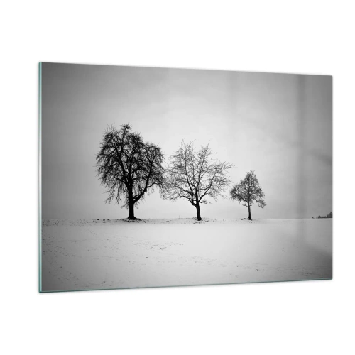 Impression sur verre - Image sur verre - Trois arbres solitaires dans une zone enneigée - 120x80cm - A quoi rêvent-ils? - Décoration murale moderne pour le salon et la chambre ARTTOR