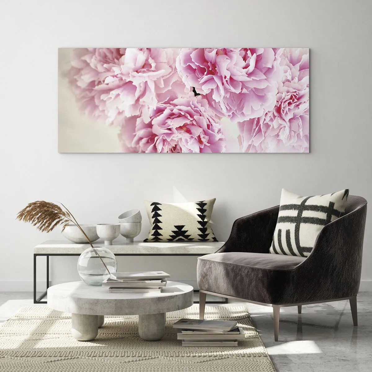 Impression sur verre - Image sur verre - Un bouquet de pivoines roses sur fond clair - 140x50cm - En glamour rose - Décoration murale moderne pour le salon et la chambre ARTTOR