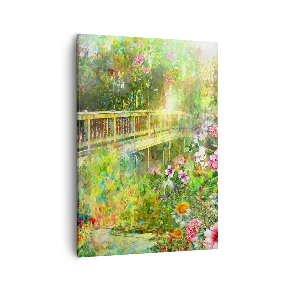 Impression sur toile - Image sur toile - Un pont entouré d'une végétation luxuriante et de fleurs - 50x70cm - Le soupire d'un pont de printemps - Décoration murale moderne pour le salon et la chambre ARTTOR