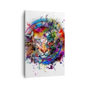 Impression sur toile - Image sur toile - Portrait coloré d'un lion dans un style abstrait - 80x120cm - Il se cache derrière un voile arc-en-ciel - Décoration murale moderne pour le salon et la chambre ARTTOR