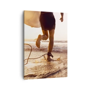 Impression sur toile - Image sur toile - Un surfeur court le long de la plage avec sa planche au soleil. - 50x70cm - A la rencontre des vagues - Décoration murale moderne pour le salon et la chambre ARTTOR