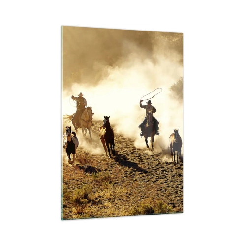 Impression sur verre - Image sur verre - Cowboys à cheval dans la poussière lors d'un rodéo - 50x70cm - L'ouest vraiment sauvage - Décoration murale moderne pour le salon et la chambre ARTTOR