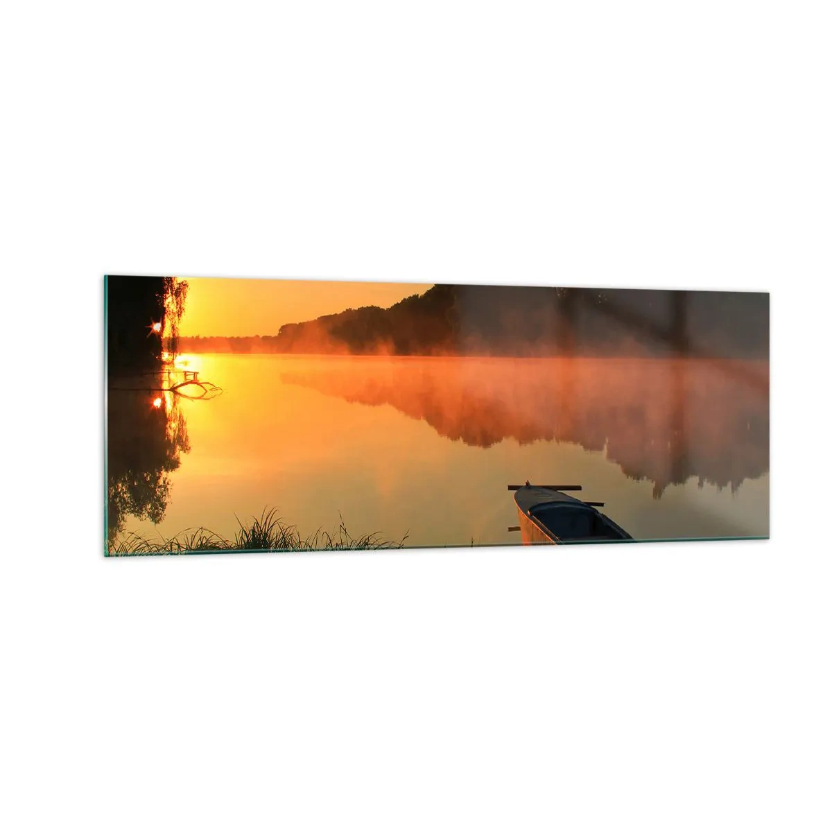 Impression sur verre - Image sur verre - Brouillard matinal sur la rivière avec un bateau sous les rayons du soleil - 140x50cm - Lever du soleil sur l'eau comme un miroir - Décoration murale moderne pour le salon et la chambre ARTTOR