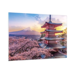 Impression sur verre - Image sur verre - Une pagode dans un paysage japonais surplombant le mont Fuji et des arbres en fleurs - 100x70cm - Essence d'âme japonnaise - Décoration murale moderne pour le salon et la chambre ARTTOR