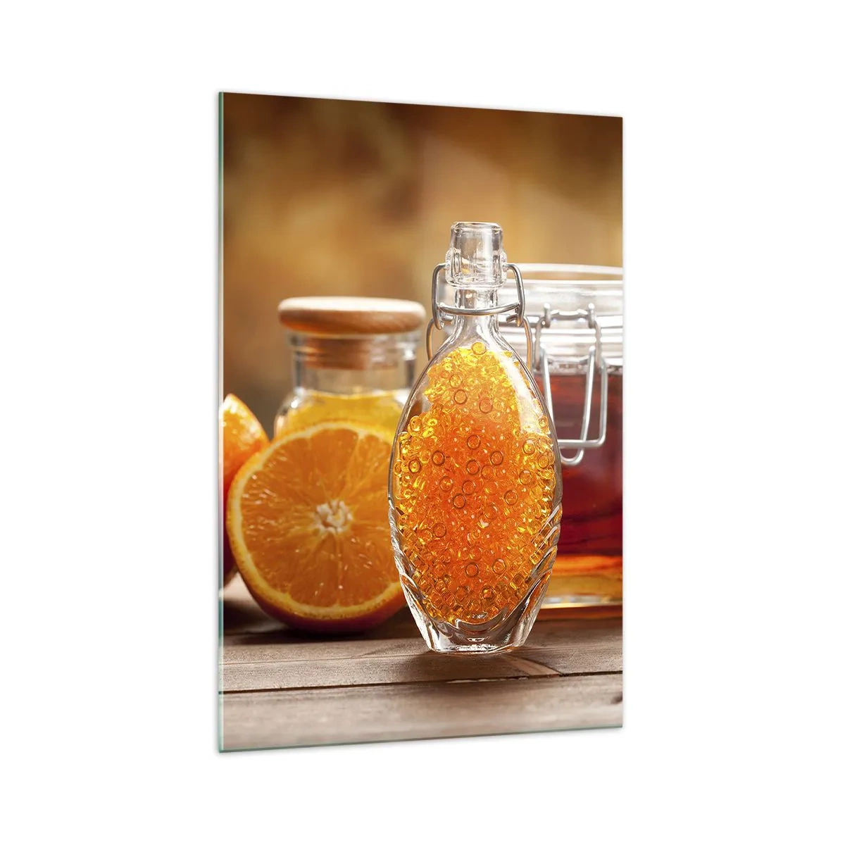Impression sur verre - Image sur verre - Une bouteille de liquide ambré et des oranges fraîches - 70x100cm - Saveurs et arômes ensoleillés - Décoration murale moderne pour le salon et la chambre ARTTOR