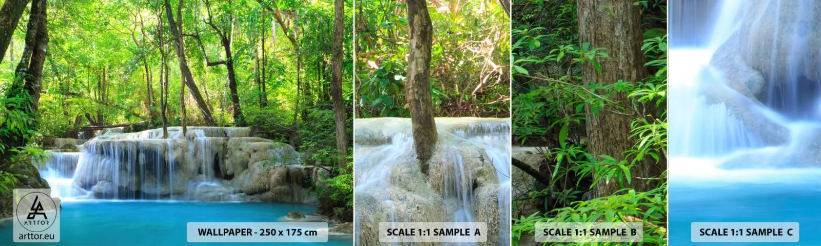 Échantillon de Papier Peint Autocollant Deluxe Sticker - Se noyer dans le turquoise et le vert - Paysage, Cascade, Cascade - 100x30 cm