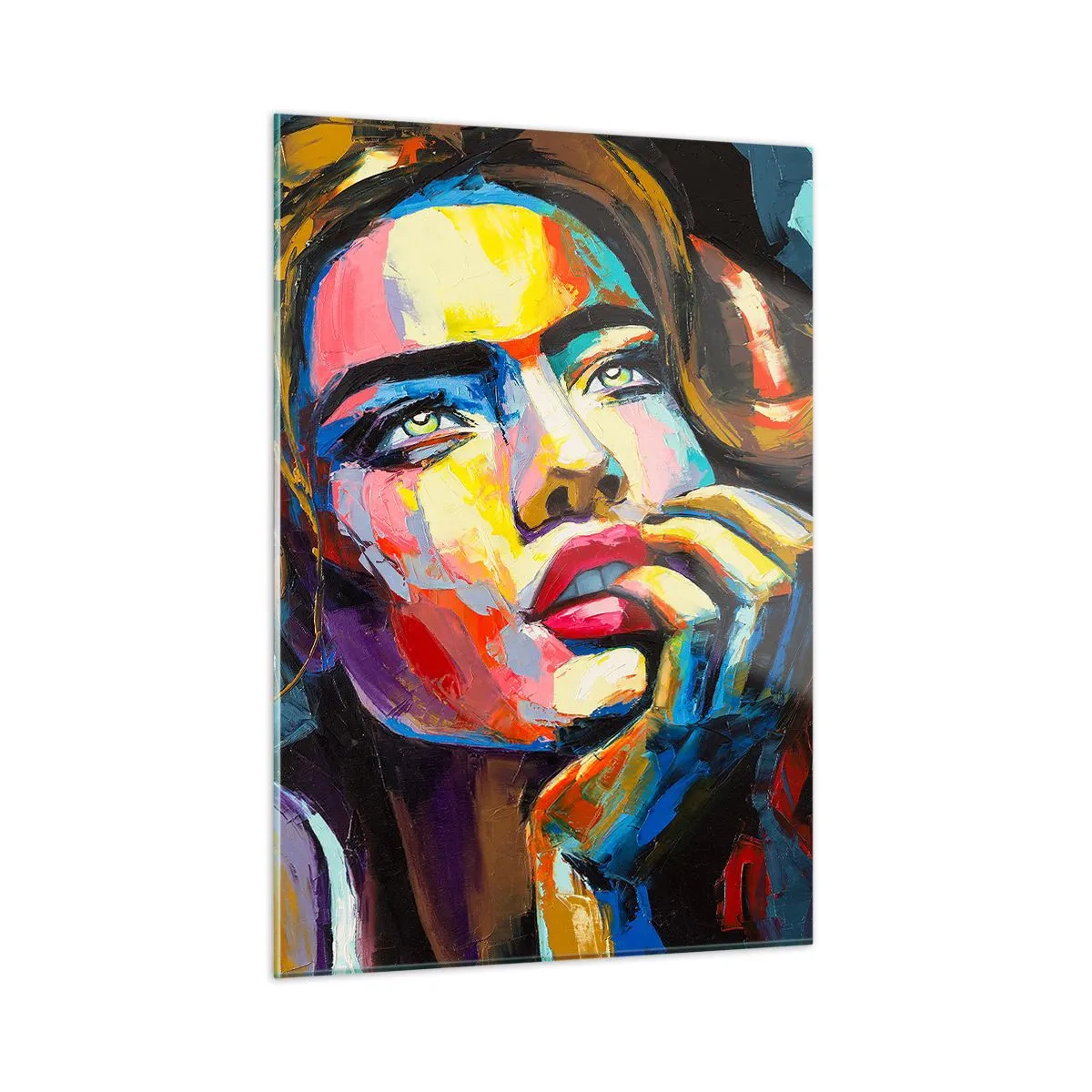 Impression sur verre - Image sur verre - Portrait d'une femme aux couleurs abstraites intenses - 50x70cm - Les rêves volent dans le ciel comme des oiseaux - Décoration murale moderne pour le salon et la chambre ARTTOR