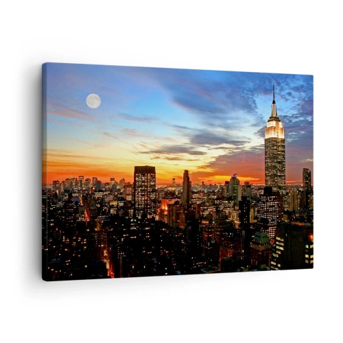 Impression sur toile - Image sur toile - Panorama de la ville avec des gratte-ciel illuminés au crépuscule - 70x50cm - Nuit américaine lumineuse - Décoration murale moderne pour le salon et la chambre ARTTOR