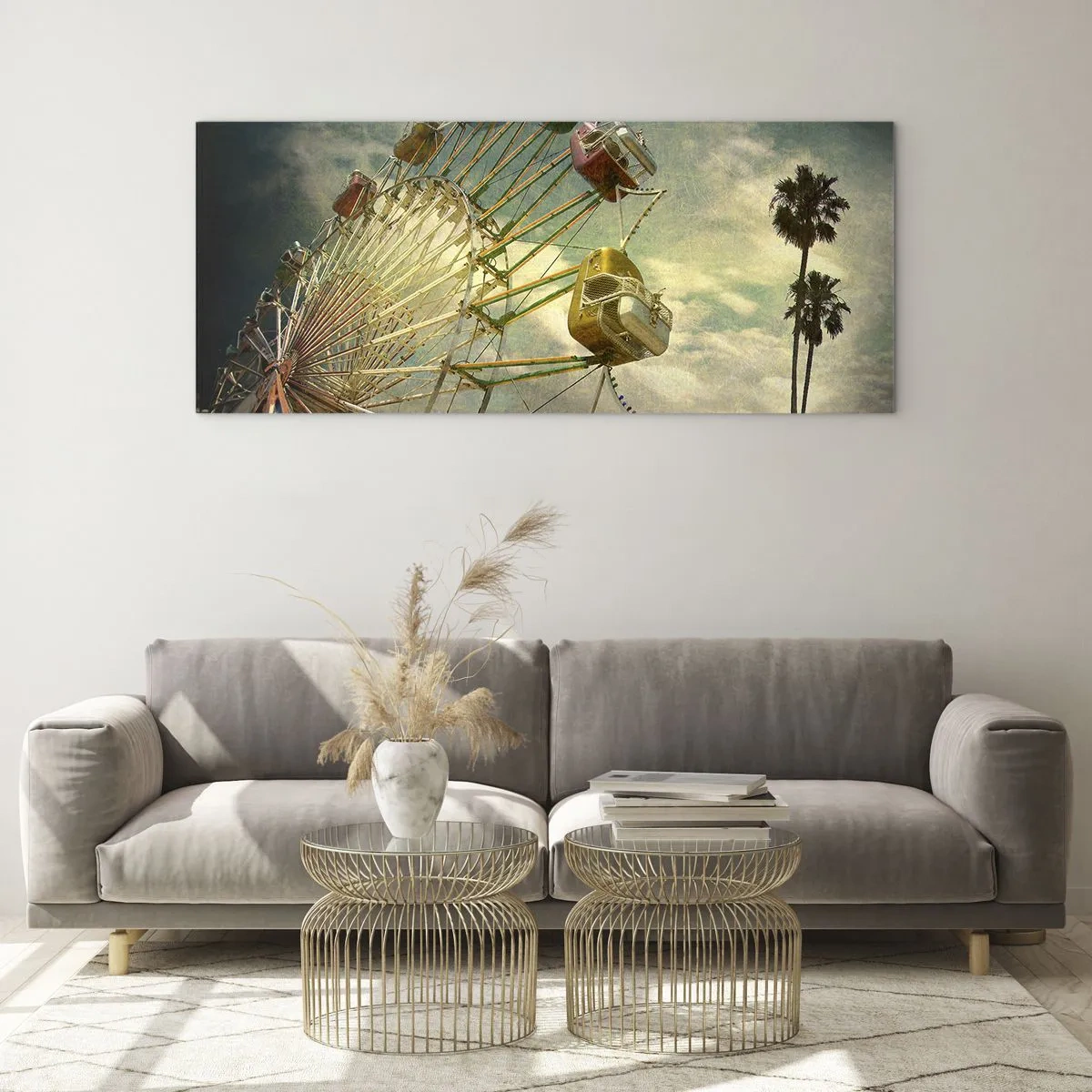 Impression sur verre - Image sur verre - Photo rétro d'une grande roue avec des palmiers contre le ciel - 140x50cm - On va faire la fête - Décoration murale moderne pour le salon et la chambre ARTTOR