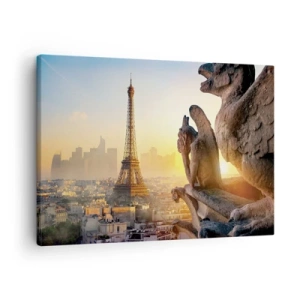 Impression sur toile - Image sur toile - Vue de la Tour Eiffel avec des gargouilles en arrière-plan - 70x50cm - Tellement de choses ont changés... - Décoration murale moderne pour le salon et la chambre ARTTOR
