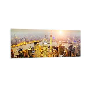 Impression sur verre - Image sur verre - Panorama de la ville avec des gratte-ciels au coucher du soleil - 140x50cm - Rêve asiatique - Décoration murale moderne pour le salon et la chambre ARTTOR