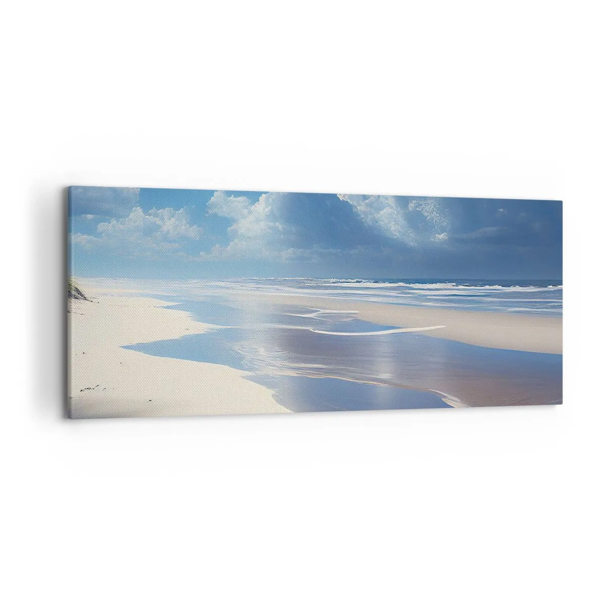 Impression sur toile - Image sur toile - Une plage de sable avec des vagues sous un ciel bleu - 120x50cm - Des vacances paradisiaques - Décoration murale moderne pour le salon et la chambre ARTTOR