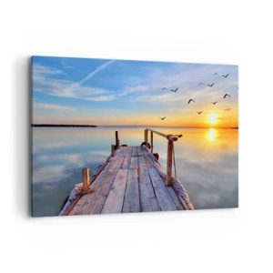 Impression sur toile - Image sur toile - Jetée en bois au coucher du soleil sur un lac calme - 100x70cm - Marcher droit vers le soleil - Décoration murale moderne pour le salon et la chambre ARTTOR