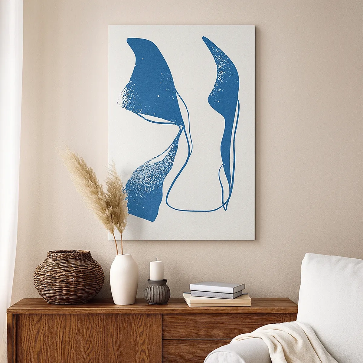 Impression sur toile - Image sur toile - Formes abstraites dans des tons bleus sur fond blanc - 50x70cm - Abstraction ailée - Décoration murale moderne pour le salon et la chambre ARTTOR