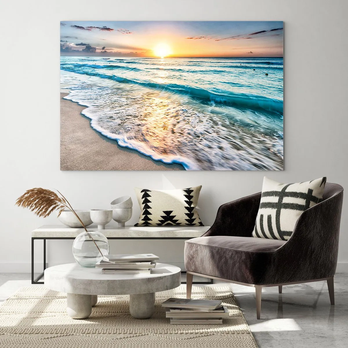 Impression sur verre - Image sur verre - Plage le matin avec vagues et lever de soleil - 100x70cm - Une vue qui en vaut la peine - Décoration murale moderne pour le salon et la chambre ARTTOR