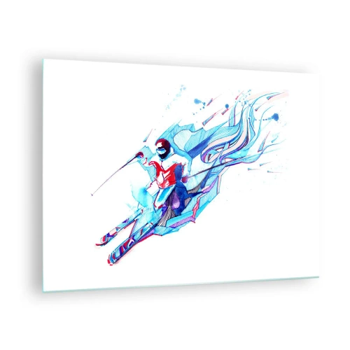 Impression sur verre - Image sur verre - Une figure dynamique d'un skieur aux couleurs abstraites - 70x50cm - Ruée folle vers la joie - Décoration murale moderne pour le salon et la chambre ARTTOR