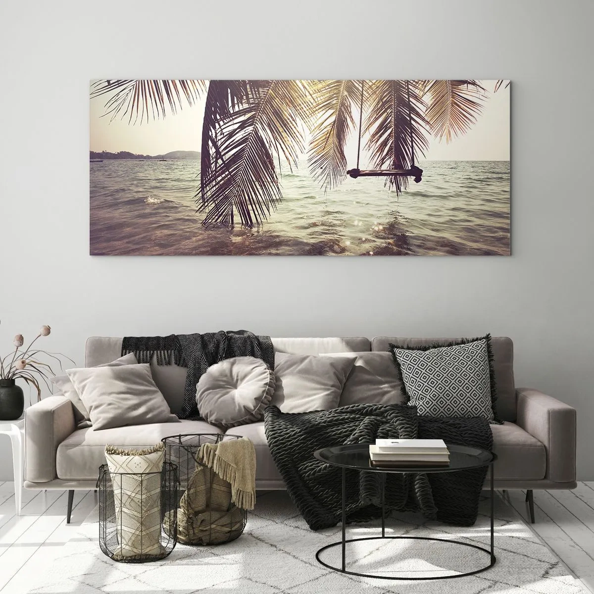 Impression sur verre - Image sur verre - Palmier avec une balançoire au-dessus de l'eau au soleil - 160x50cm - Vous pouvez vous balancer dans les nuages