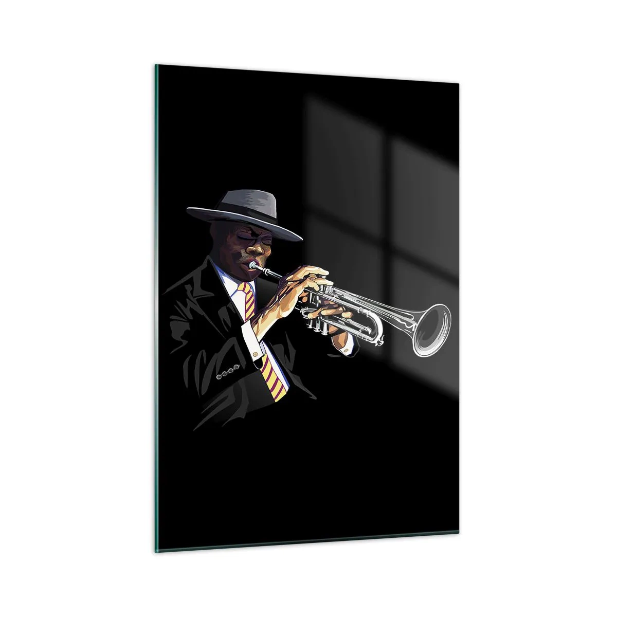 Impression sur verre - Image sur verre - Un musicien noir avec une trompette et un chapeau sur fond noir - 50x70cm - Le charme de la vieille école - Décoration murale moderne pour le salon et la chambre ARTTOR