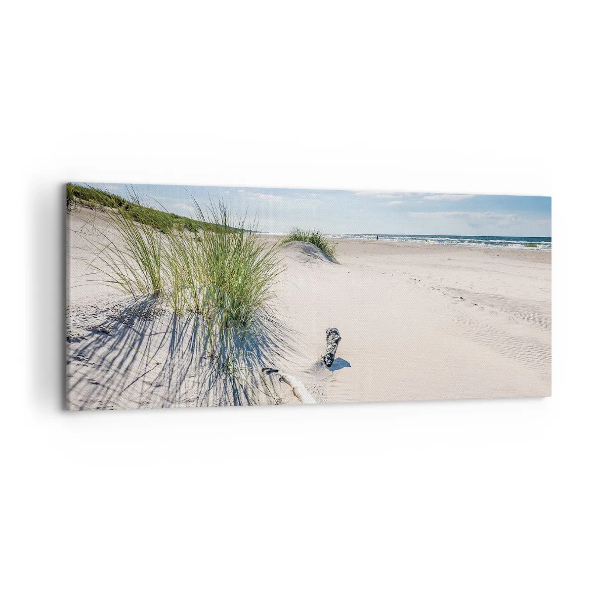 Impression sur toile - Image sur toile - Une plage baltique avec du sable, de l'herbe et un ciel bleu calme - 120x50cm - La plus belle? La Baltique - Décoration murale moderne pour le salon et la chambre ARTTOR