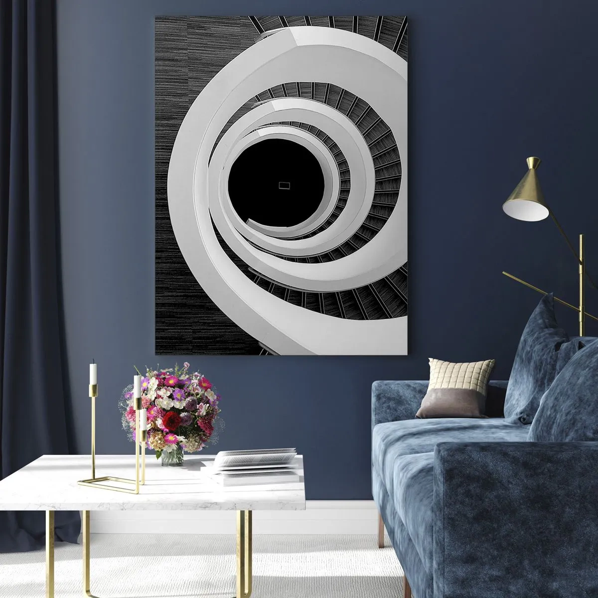 Impression sur verre - Image sur verre - Escalier en colimaçon noir et blanc vu d'en haut - 50x70cm - Les choses concrêtes - Décoration murale moderne pour le salon et la chambre ARTTOR