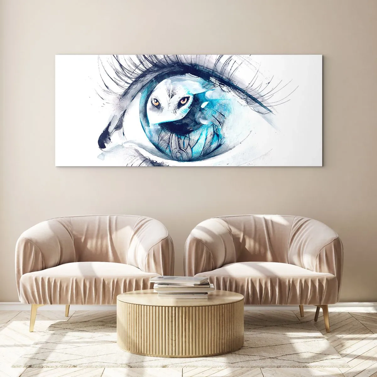 Impression sur verre - Image sur verre - Un œil avec une image d'un hibou dans des tons bleus à l'aquarelle - 160x50cm - Face à face avec la nature sauvage - Décoration murale moderne pour le salon et la chambre ARTTOR