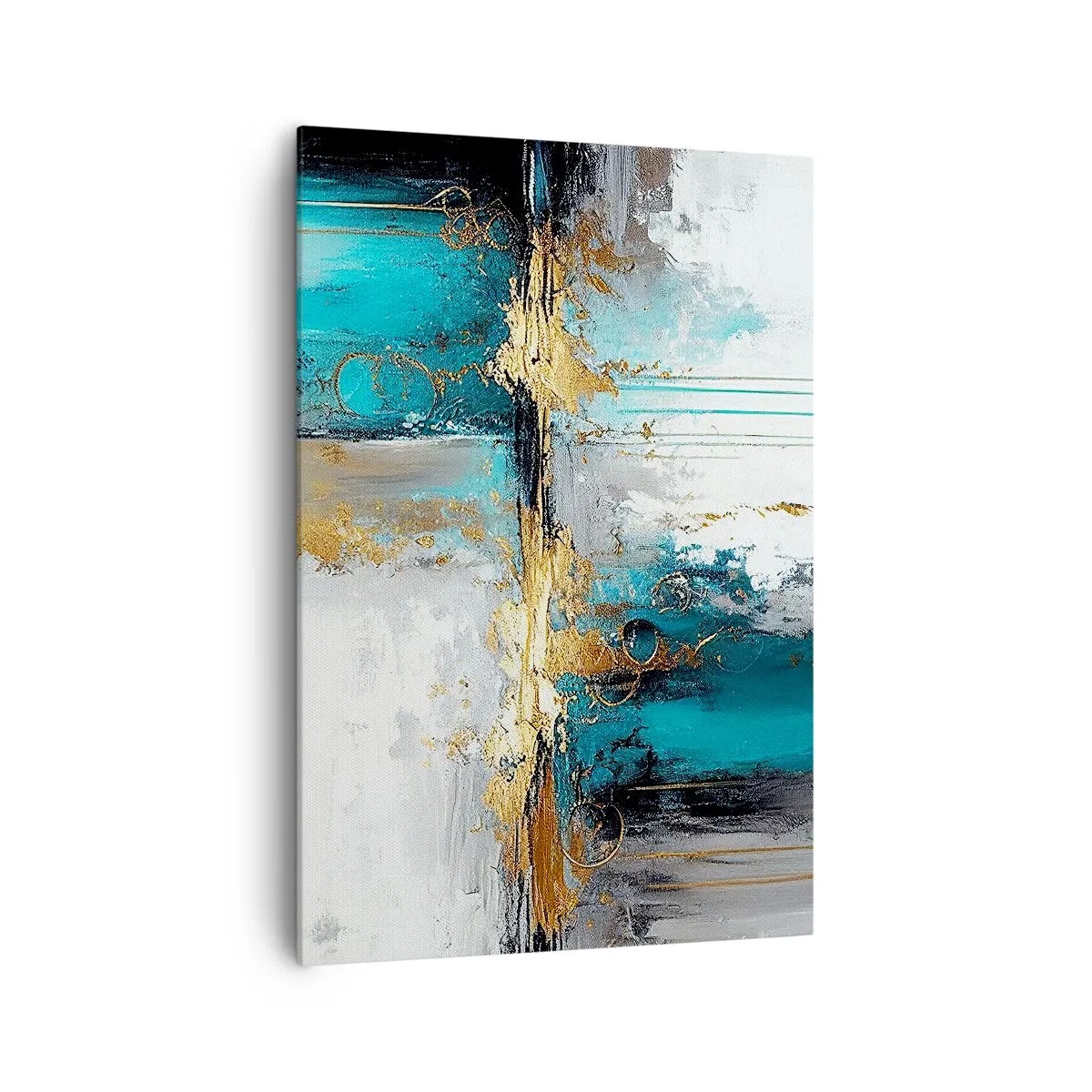 Impression sur toile - Image sur toile - Une composition abstraite aux accents turquoise et dorés. - 70x100cm - Tout coule - Décoration murale moderne pour le salon et la chambre ARTTOR